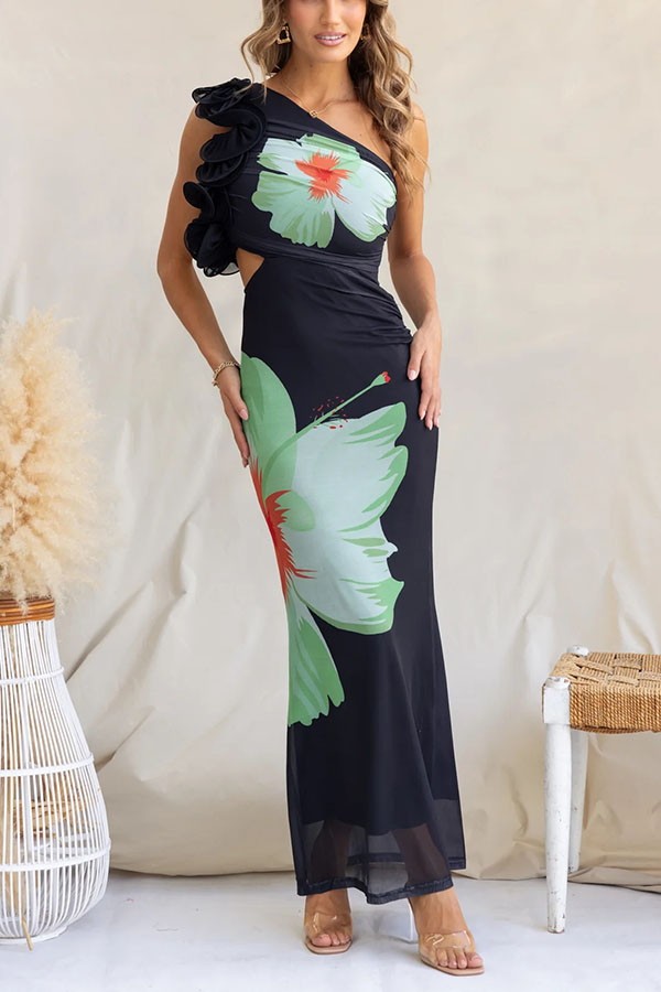 Floral Print One-shoulder Fitted Mesh Maxi Dress-consonak