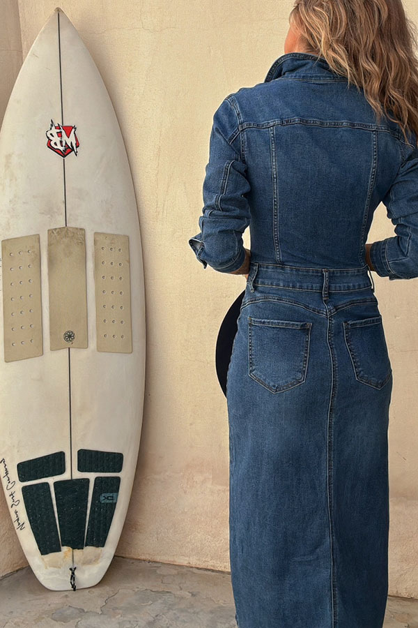 Tessy Denim Metal Button Zipper Shirt Stretch Pencil Slit Midi Dress-consonak
