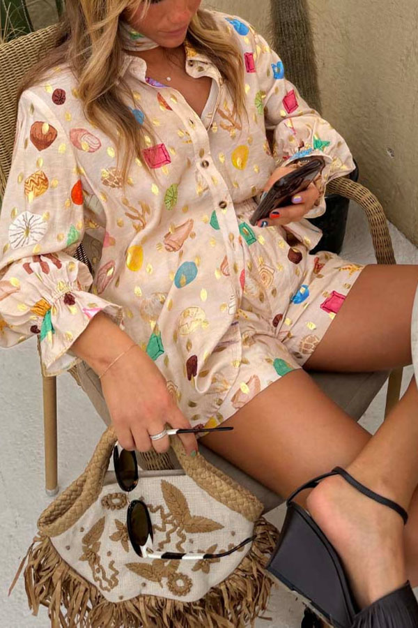 Fashionable Gold Stamping Unique Printing Lapel Long Sleeve Shirt and Elastic Waist Casual Pocket Shorts Set-consonak