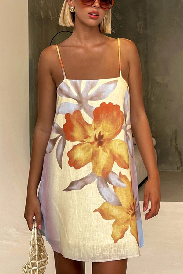 Summer Surprise Linen Blend Floral Print Slip H-line Mini Dress-consonak