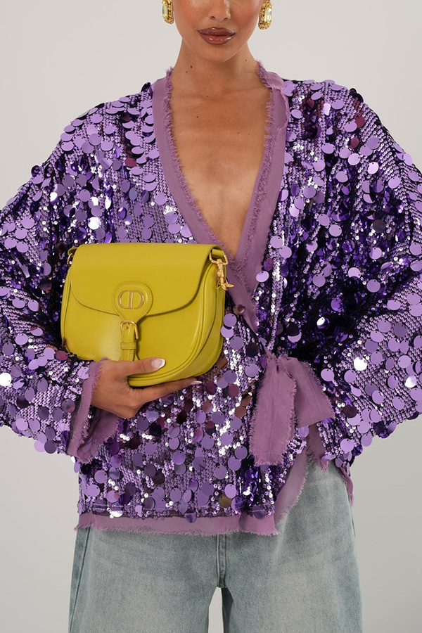 Fashion Sequined Long-sleeved V-neck Loose Lace-up Cardigan-consonak