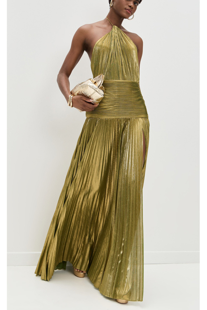 Glamorous Metallic Pleated Fabric Open Back Halter Slit Maxi Dress-consonak