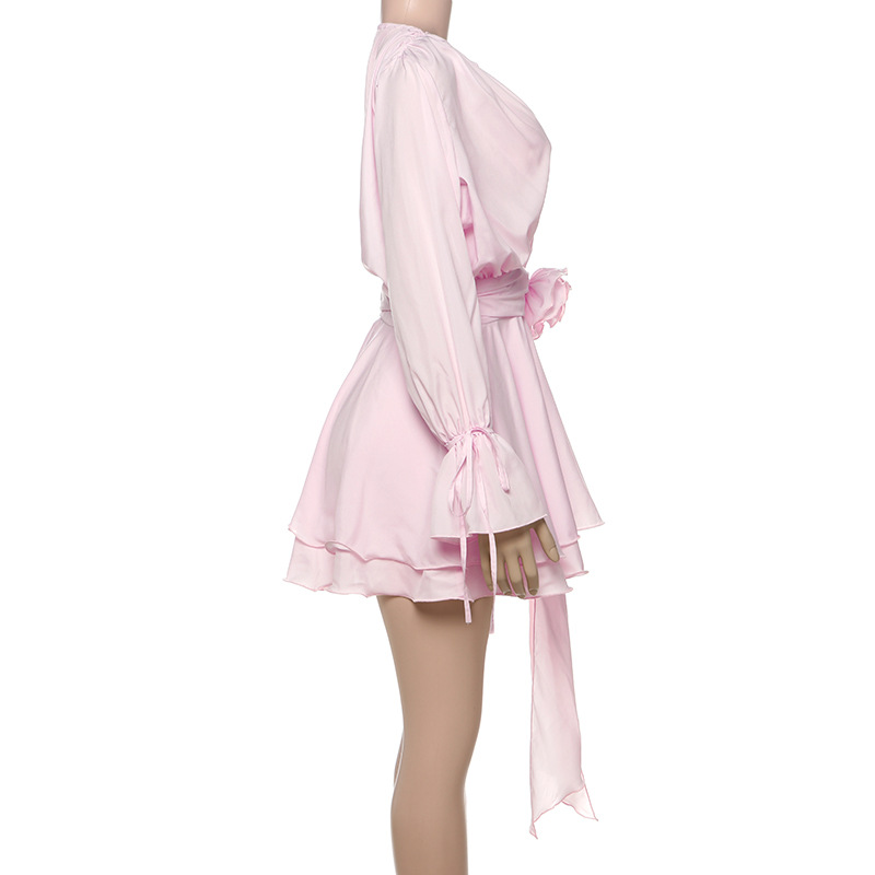 Solid Color Long Sleeve V-Neck Lace-Up Elegant Flower Decorated Mini Dress-consonak