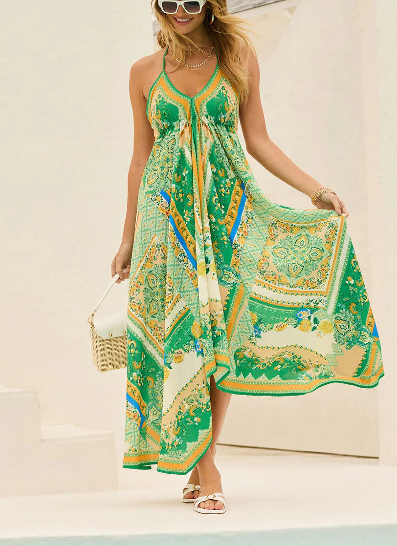 Ladies Strapless V-neck Women's Beach Halter Backless Printed Fairy Long Temperament Dresses Swing Dresses-consonak