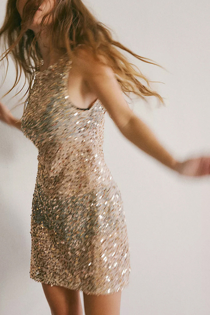 Fashionable Sequined Round Neck Sleeveless Holiday Cover-up Mini Dress