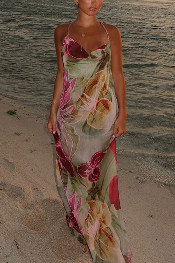 Floral Print Sexy Backless Slit See-Through Holiday Maxi Dress-consonak