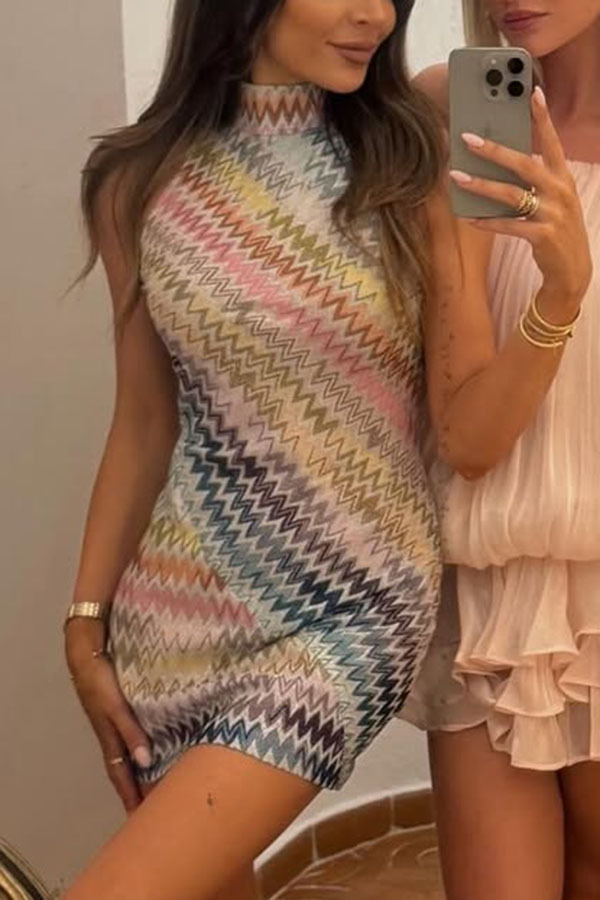 Whimsical Moment Knit Colorful Zigzag Pattern High Neck Sleeveless Mini Dress-consonak