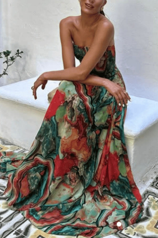 Vacay Vibes Colorful Lava Print Off Shoulder Smocked Scarf Maxi Dress | Consonak