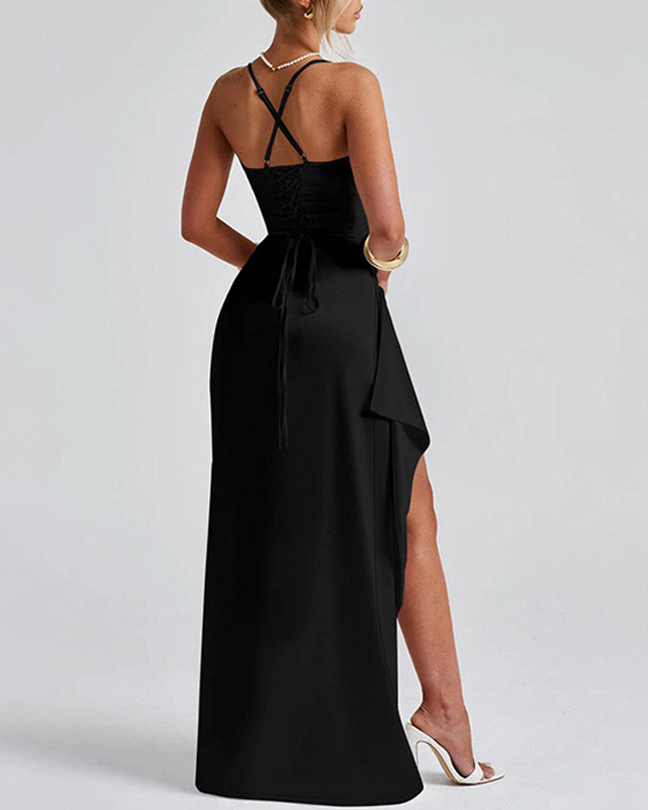 Ladies' satin back tie, pleated hem, slit high low waist long skirt-consonak