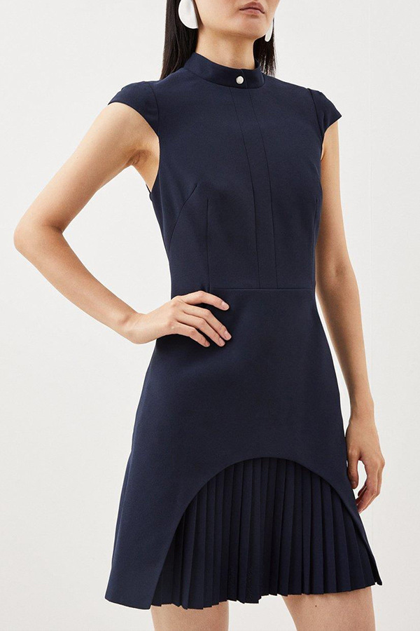Military Style Cap Sleeve High Neck Patchwork Pleated Hem Mini Dress | Consonak