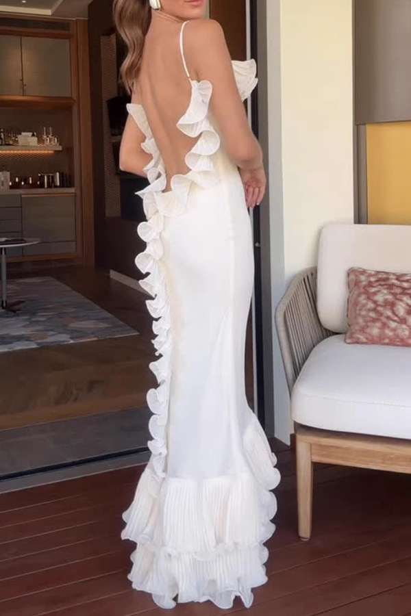 Alisin Pleated Chiffon Wavy Ruffles Trim Slip Maxi Dress-consonak