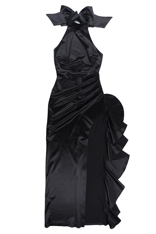 Maureen Satin High Neck Ruched Ruffle Slit Draped Maxi Dress-consonak