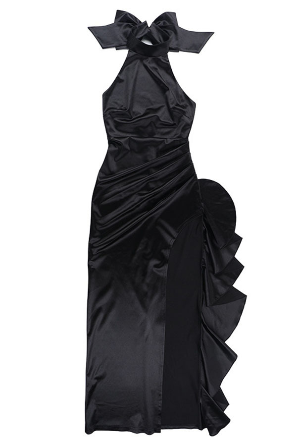 Maureen Satin High Neck Ruched Ruffle Slit Draped Maxi Dress-consonak