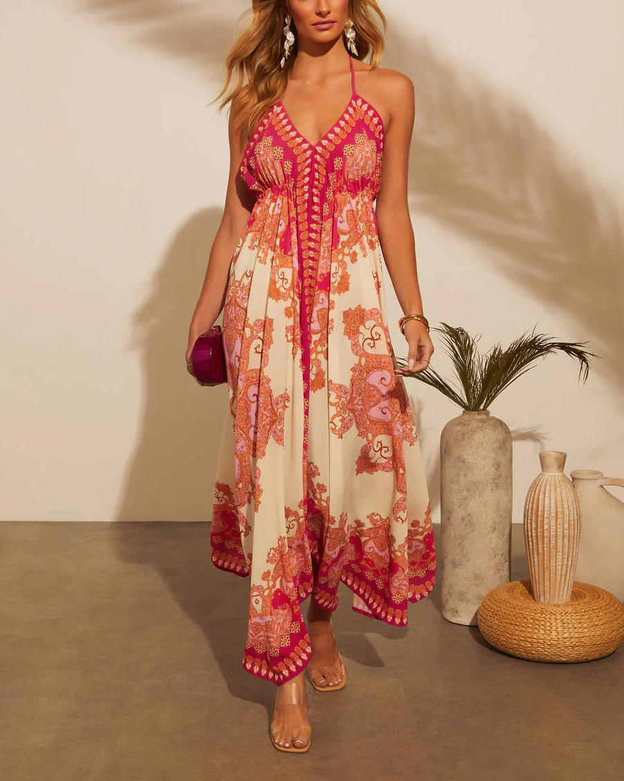 Ladies Strapless V-neck Women's Beach Halter Backless Printed Fairy Long Temperament Dresses Swing Dresses-consonak