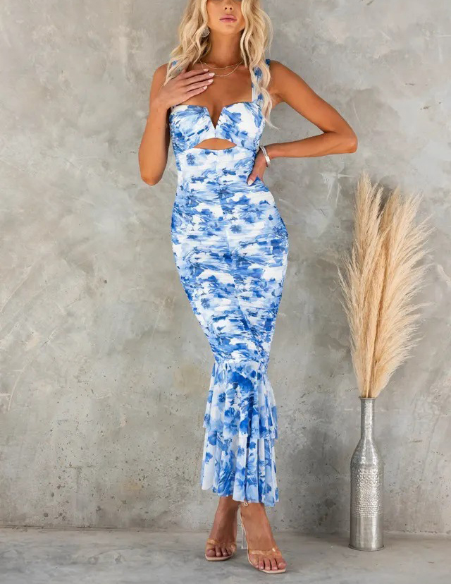 Styled To Perfection Floral Ruched Mesh Overlay Ruffle Hem Maxi Dress | Consonak