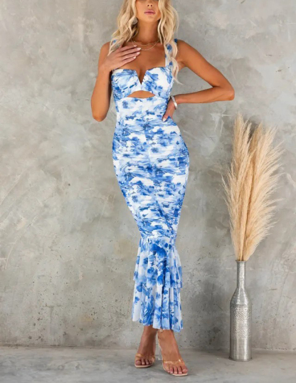 Styled To Perfection Floral Ruched Mesh Overlay Ruffle Hem Maxi Dress-consonak