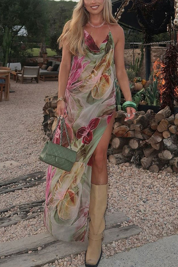 Floral Print Sexy Backless Slit See-Through Holiday Maxi Dress-consonak