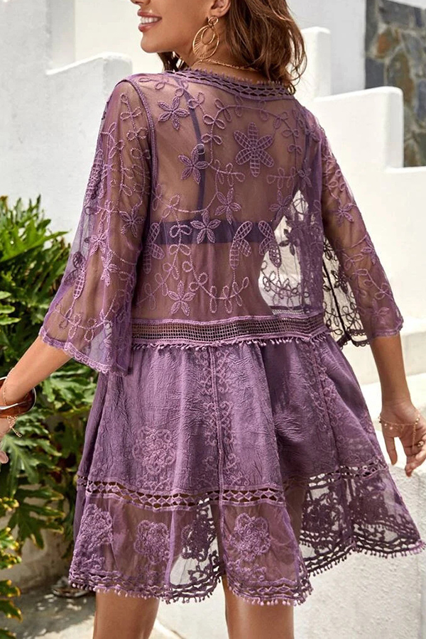 Lace V Neck Hollow Short Sleeved Cover Up-consonak