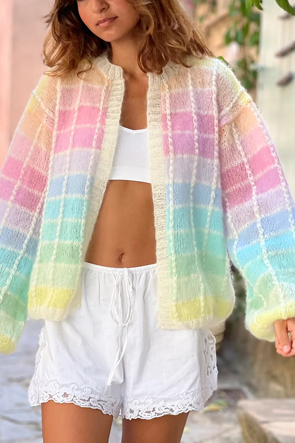 Palette Day Knit Color Blocks Open Front Balloon Sleeve Loose Cardigan-consonak