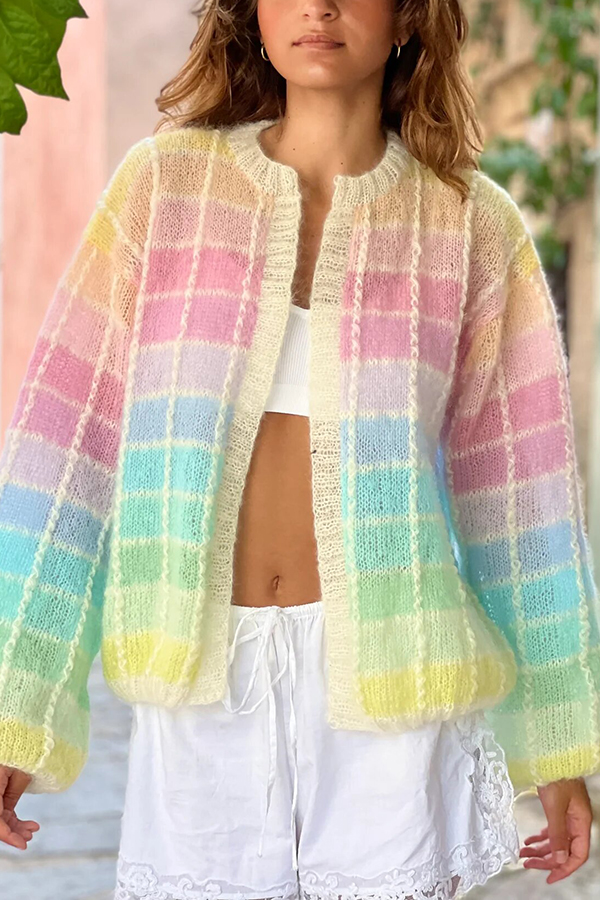 Palette Day Knit Color Blocks Open Front Balloon Sleeve Loose Cardigan-consonak