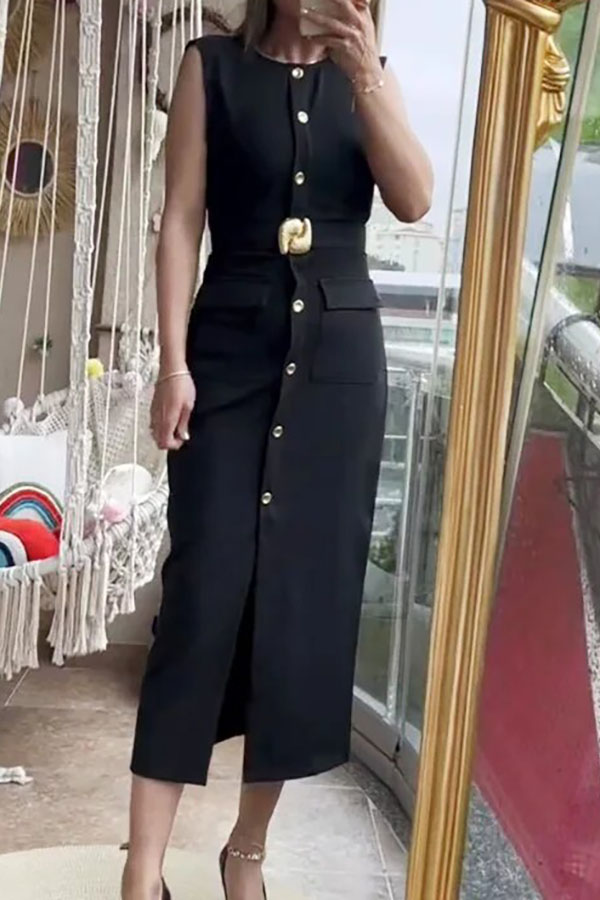Danina Button Up Sleeveless Metal Belted Pocket Stretch Midi Dress-consonak