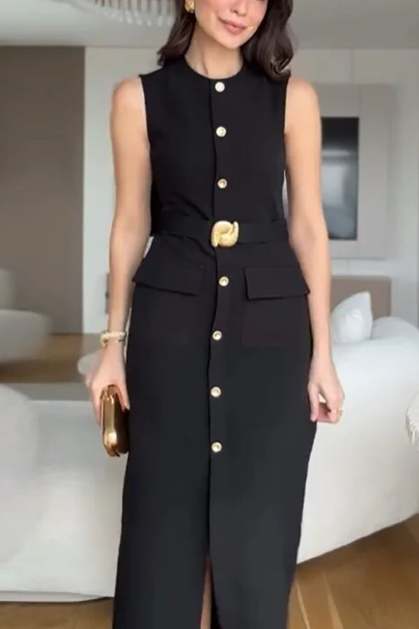 Danina Button Up Sleeveless Metal Belted Pocket Stretch Midi Dress-consonak