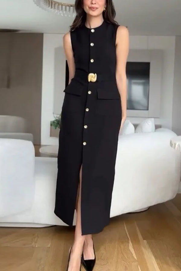 Danina Button Up Sleeveless Metal Belted Pocket Stretch Midi Dress-consonak
