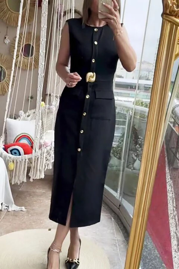 Danina Button Up Sleeveless Metal Belted Pocket Stretch Midi Dress-consonak