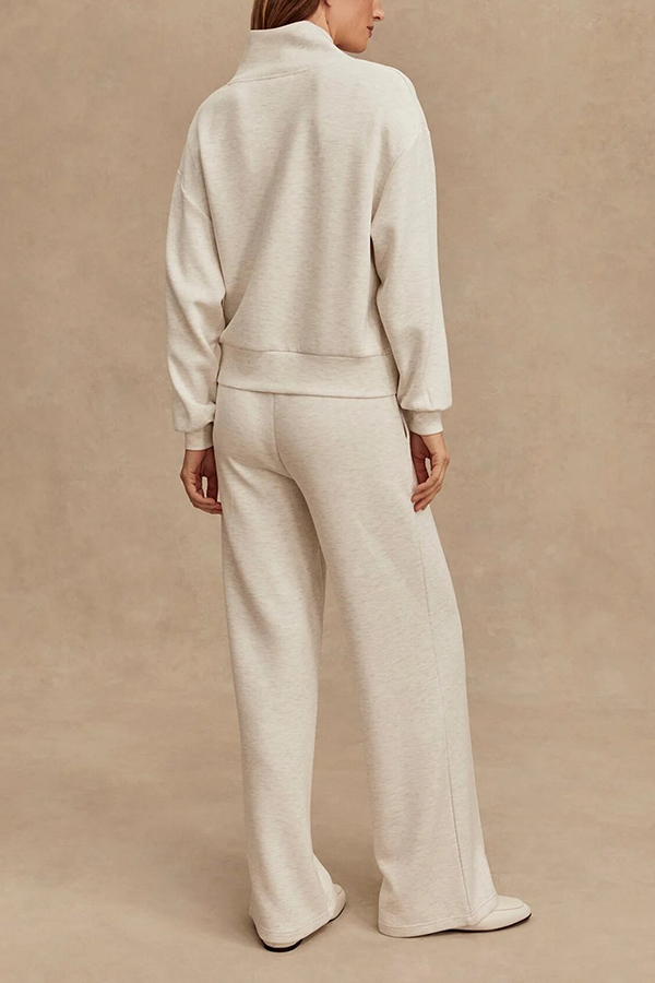 Meet The Autumn Ribbed Zipper Neck Sweatshirt and Elastic Waist Pocketed Loose Pants Set | Consonak