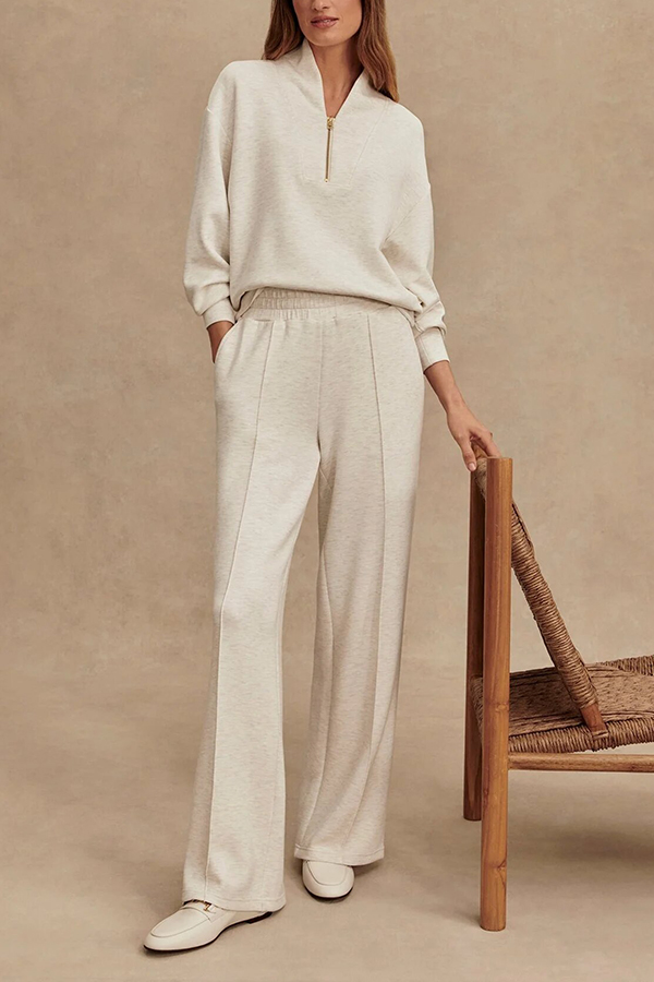Meet The Autumn Ribbed Zipper Neck Sweatshirt and Elastic Waist Pocketed Loose Pants Set | Consonak