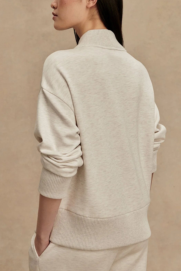 Meet The Autumn Ribbed Zipper Neck Sweatshirt and Elastic Waist Pocketed Loose Pants Set-consonak