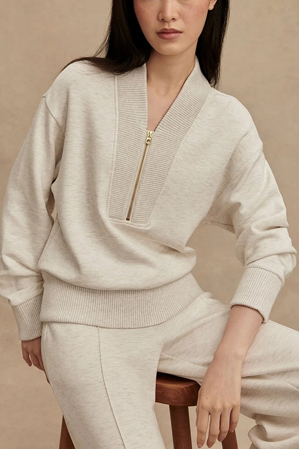Meet The Autumn Ribbed Zipper Neck Sweatshirt and Elastic Waist Pocketed Loose Pants Set-consonak