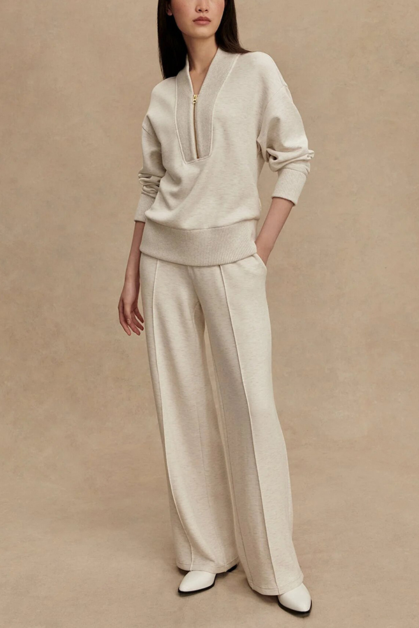 Meet The Autumn Ribbed Zipper Neck Sweatshirt and Elastic Waist Pocketed Loose Pants Set-consonak