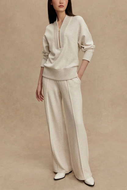 Meet The Autumn Ribbed Zipper Neck Sweatshirt and Elastic Waist Pocketed Loose Pants Set-consonak