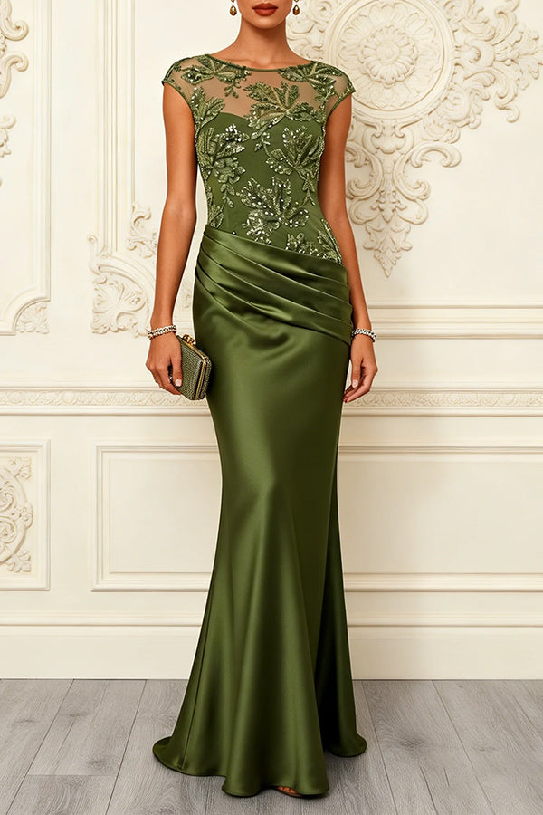 Nasha Floral Sequin Satin Boat Neck Short Sleeve Ruched Mermaid Gown Maxi Dress