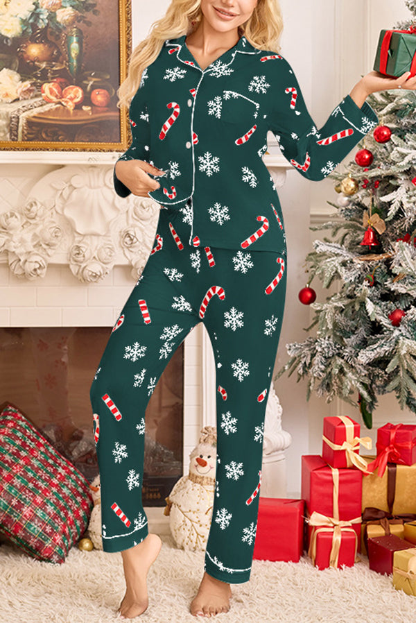 Snowflake Candy Print Casual Long-sleeved Shirt and Elastic Waist Pants Set-consonak