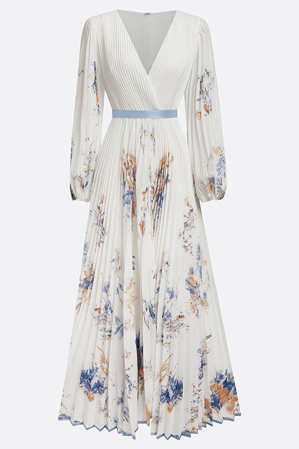 Unique Printed V-Neck Long Sleeve Bow Tie Waist Holiday Maxi Dress | Consonak