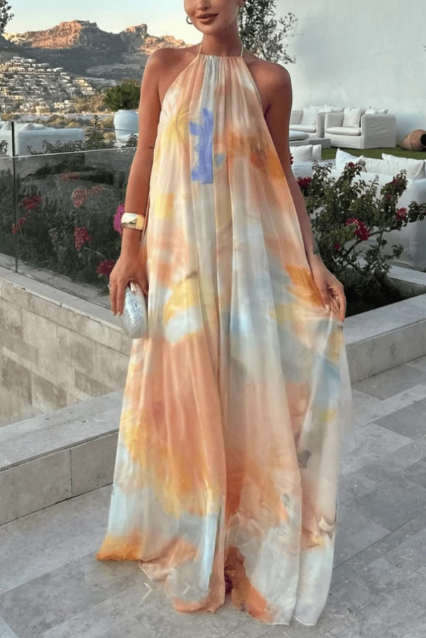 Fashionable Tie-dye Halter Neck Backless Loose Vacation Maxi Dress