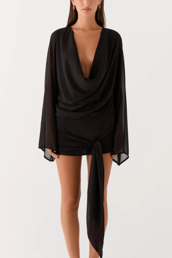 Tie-dye Print V-neck Long-sleeved Ribbon Vacation Mini Dress-consonak