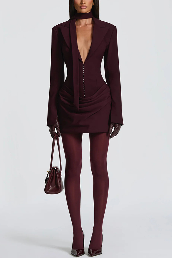 Solid Color Slim-fit V-neck Elegant Draped Formal Mini Dress-consonak