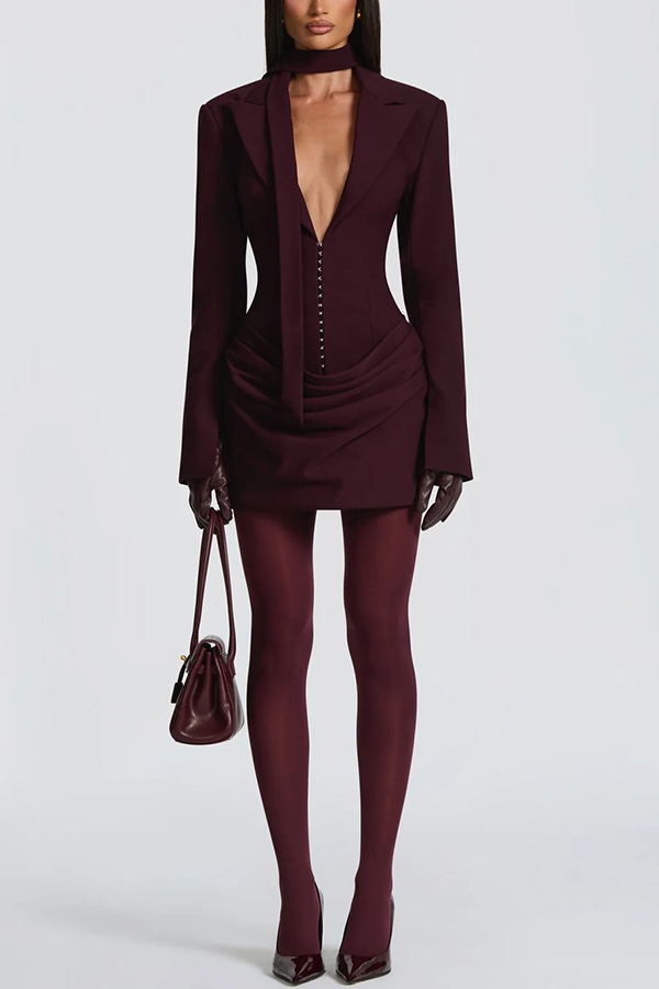 Solid Color Slim-fit V-neck Elegant Draped Formal Mini Dress-consonak