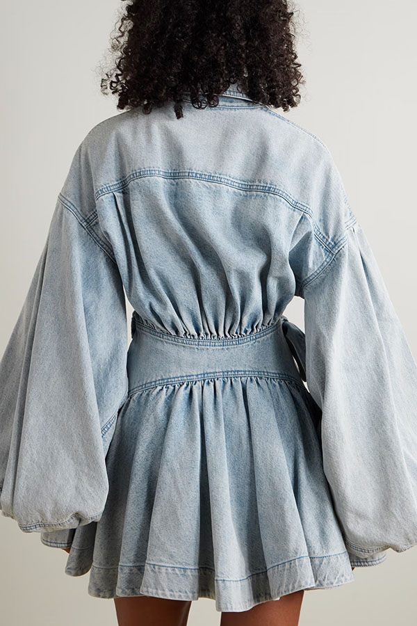 Yaron Denim Button Twisted Shape Wrap Long Balloon Sleeve Shirt Mini Dress-consonak