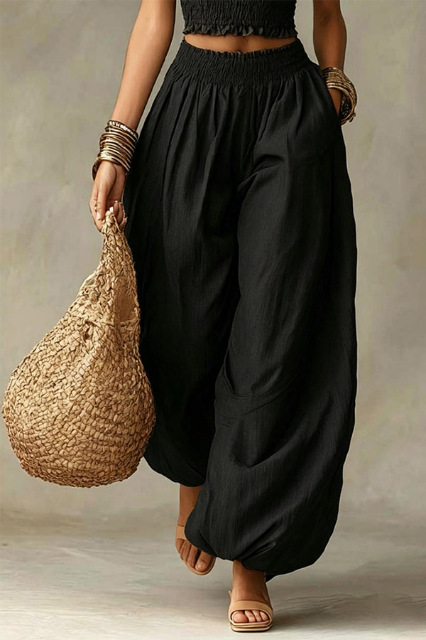 Olive Gypsy  pleated crop top and high-waisted wide-leg pants set-Consonak
