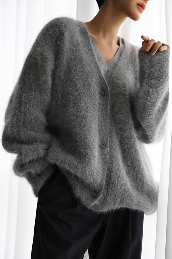 Solid Color Loose V-neck Long-sleeved Lazy Knitted Cardigan-consonak