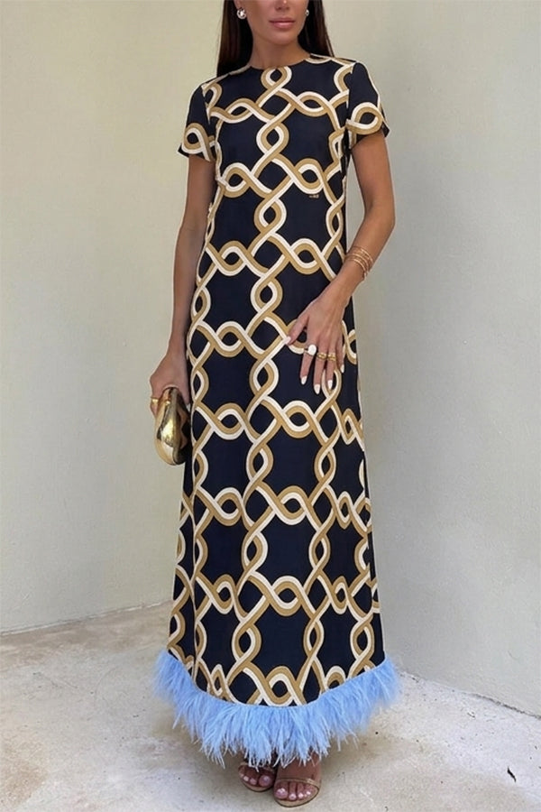 Annalisa Satin Court Style Contrast Color Printed Short Sleeve Pocket Feather Trim Maxi Dress-Consonak