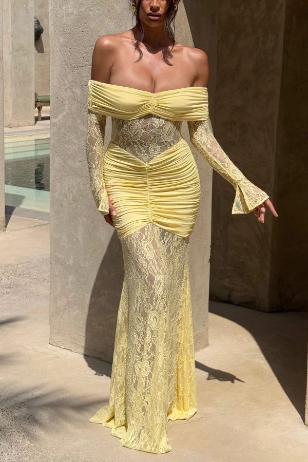 Solid Color Patchwork Lace Off-shoulder Long-sleeved Pleated Slim-fit Maxi Dress | Consonak