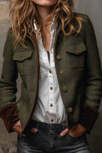 Vintage Herringbone Velvet Trim Casual Long-sleeved Blazer-consonak