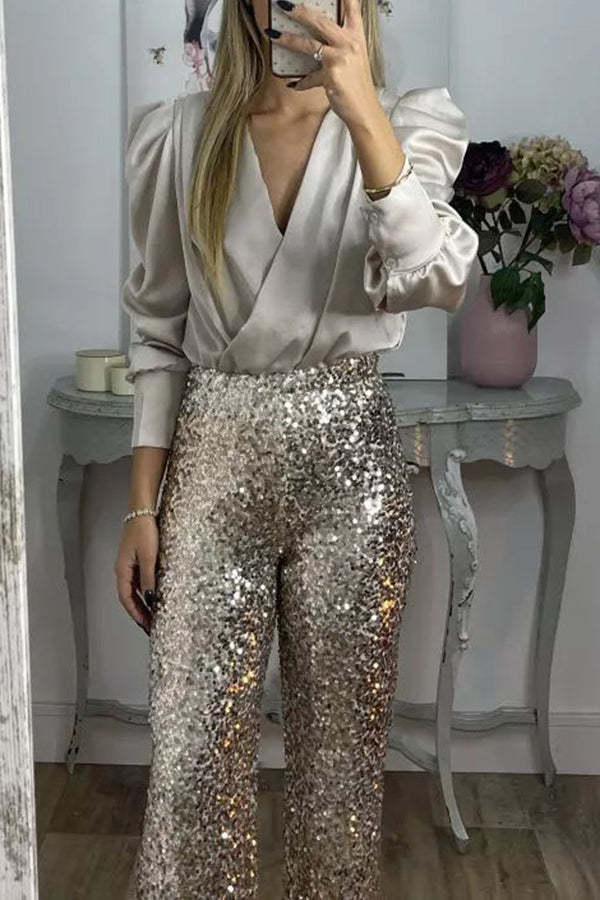 Glitzy Glamour Sequin High Rise Elastic Waist Wide Leg Pants-consonak
