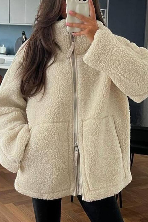 Solid Color Stitching High Collar Long Sleeve Loose Pocket Woolen Coat-consonak