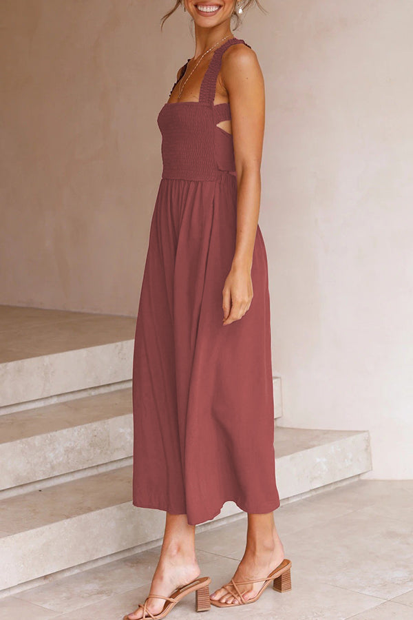 Bendita Pocketed Smocked Cross Back Party Midi Dress-consonak